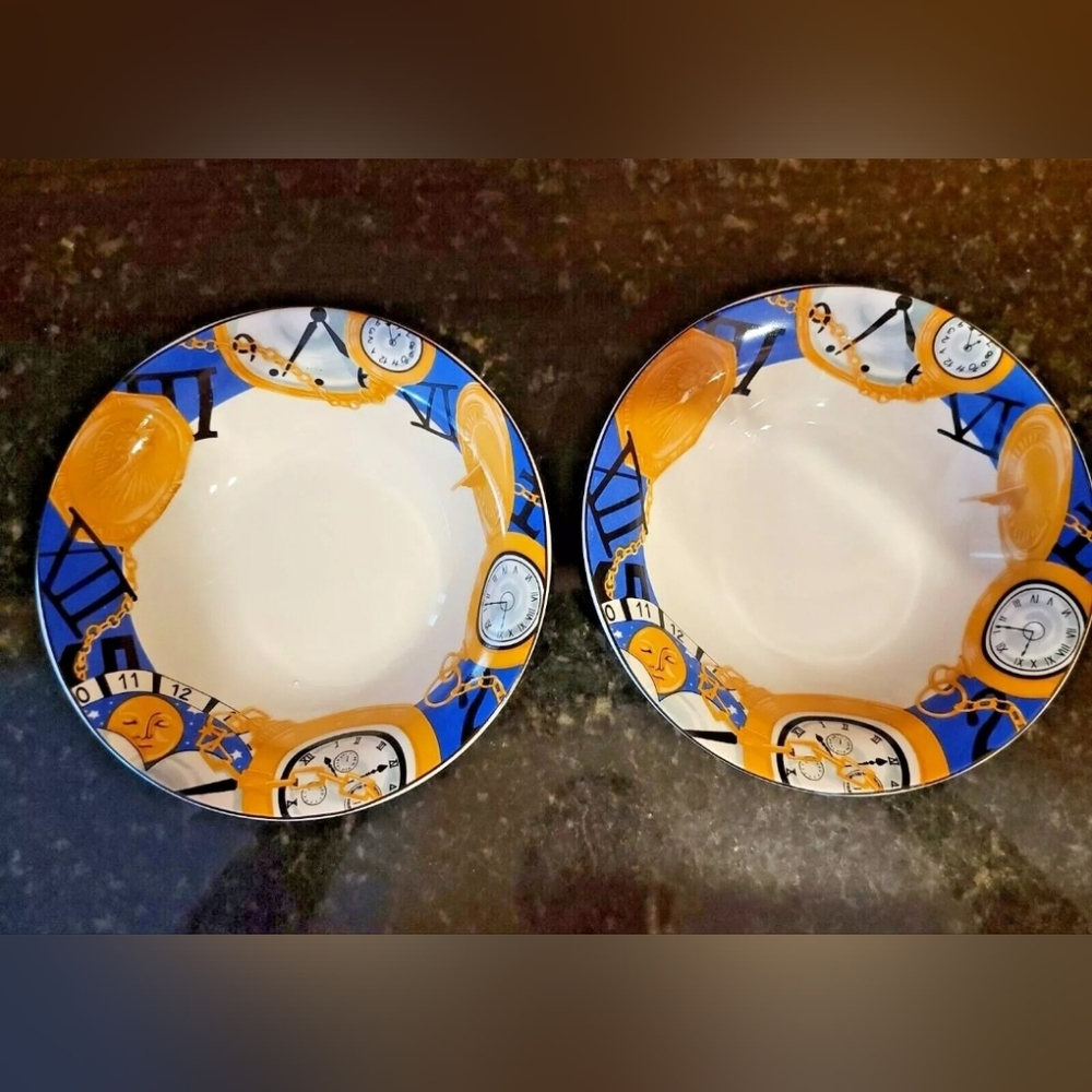 Vitromaster Time Piece Pattern Set of 2 Soup Bowls Pocket Watch Border 1993